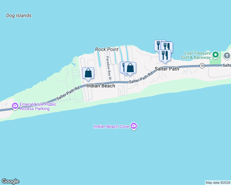 map of restaurants, bars, coffee shops, grocery stores, and more near 134 Ocean Boulevard in Indian Beach