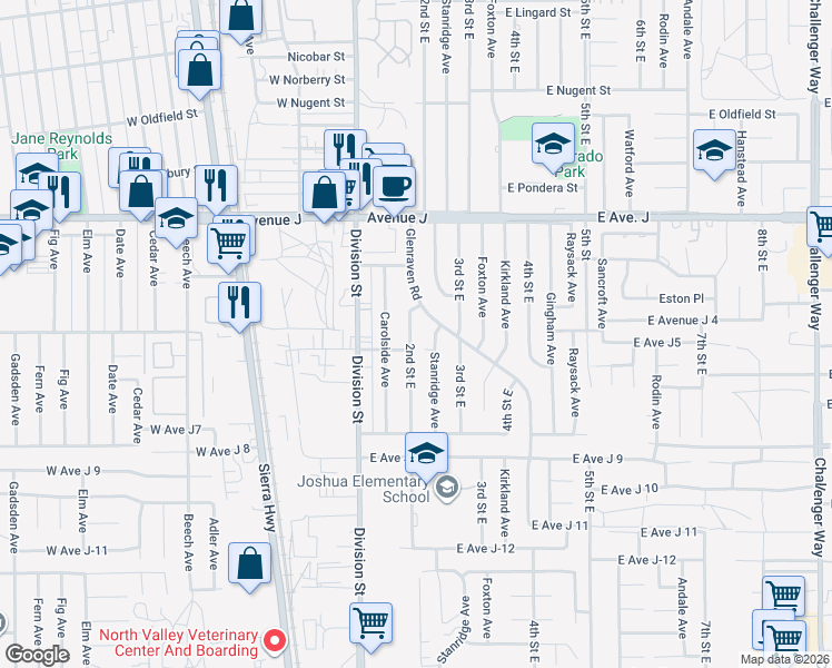 map of restaurants, bars, coffee shops, grocery stores, and more near 44214 2nd Street East in Lancaster