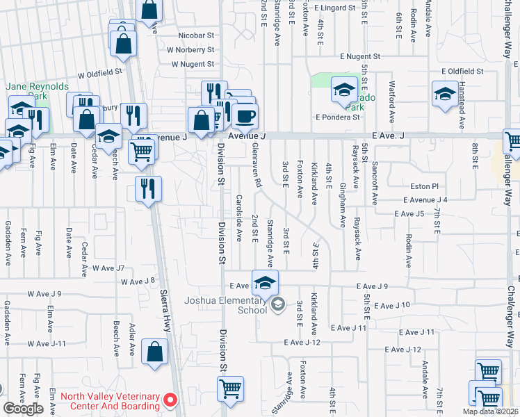 map of restaurants, bars, coffee shops, grocery stores, and more near 44214 2nd Street East in Lancaster