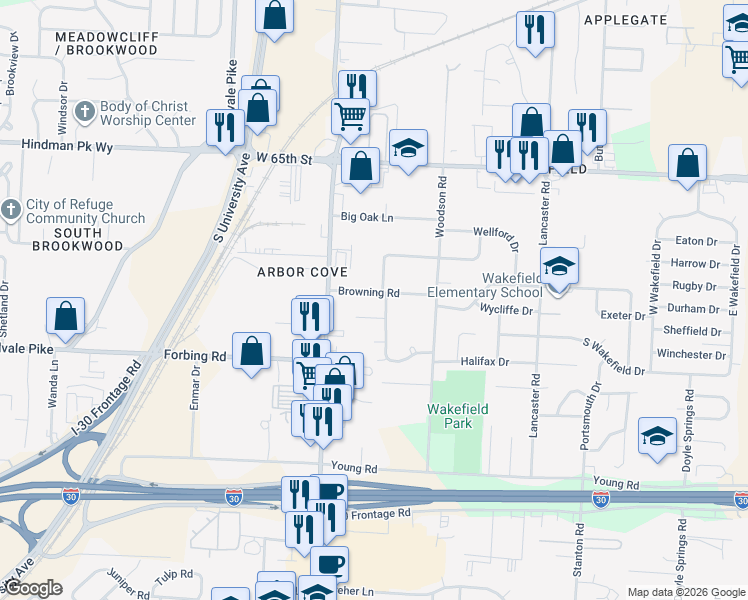 map of restaurants, bars, coffee shops, grocery stores, and more near 5807 Browning Road in Little Rock