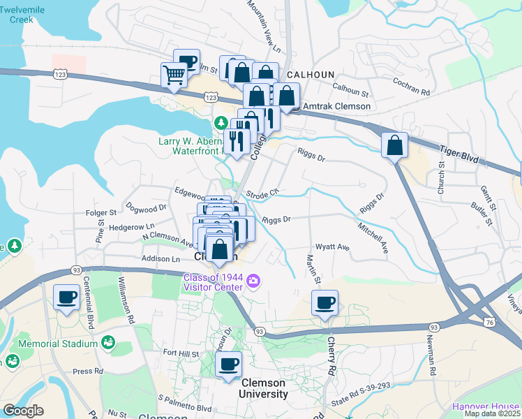 map of restaurants, bars, coffee shops, grocery stores, and more near 101 Riggs Drive in Clemson