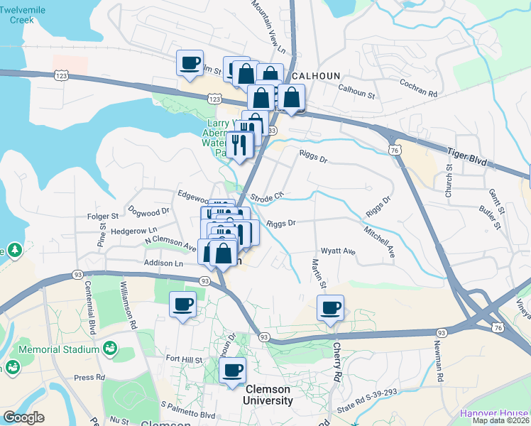 map of restaurants, bars, coffee shops, grocery stores, and more near 101 Riggs Drive in Clemson