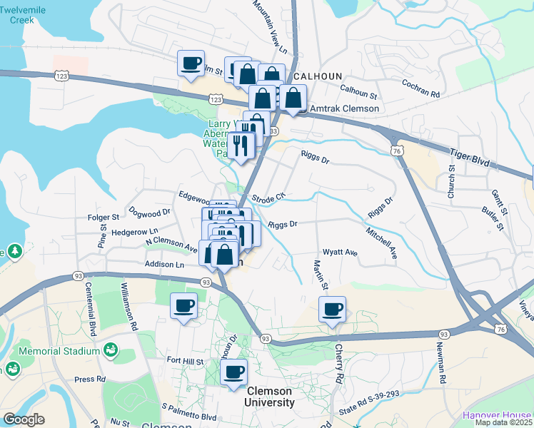 map of restaurants, bars, coffee shops, grocery stores, and more near 101 Riggs Drive in Clemson