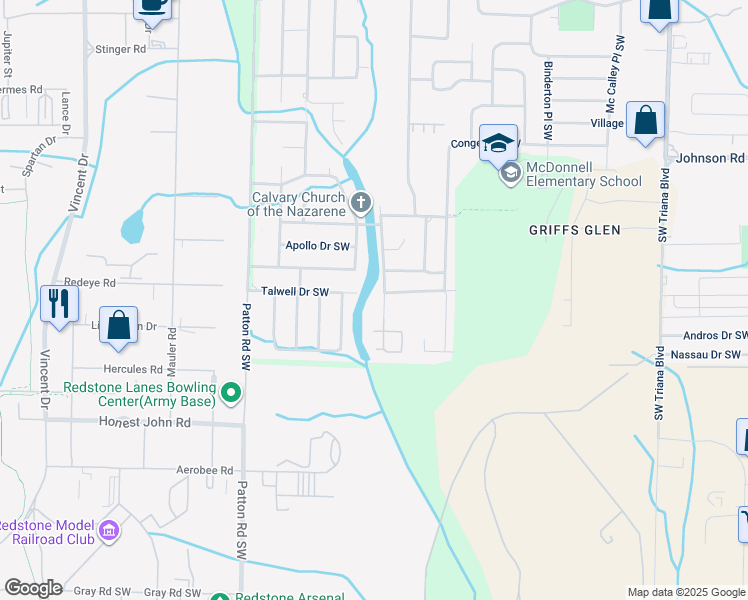 map of restaurants, bars, coffee shops, grocery stores, and more near 3700 Squaw Valley Drive Southwest in Huntsville