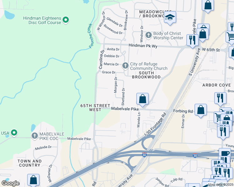 map of restaurants, bars, coffee shops, grocery stores, and more near 7101 Morgan Drive in Little Rock