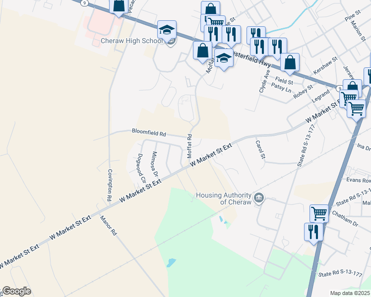 map of restaurants, bars, coffee shops, grocery stores, and more near 108 Dogwood Circle in Cheraw