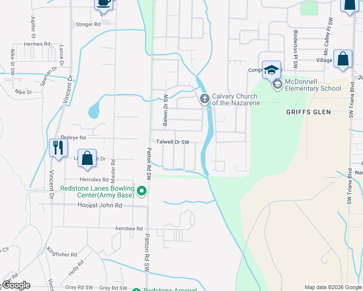 map of restaurants, bars, coffee shops, grocery stores, and more near 4027 Talwell Drive Southwest in Huntsville