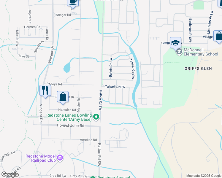 map of restaurants, bars, coffee shops, grocery stores, and more near 4103 Talwell Drive Southwest in Huntsville