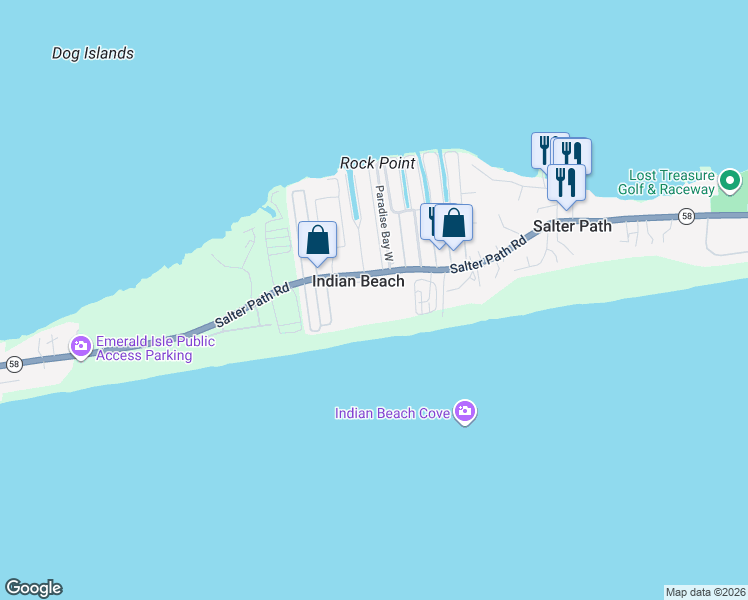 map of restaurants, bars, coffee shops, grocery stores, and more near in Indian Beach