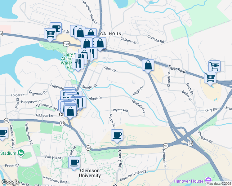 map of restaurants, bars, coffee shops, grocery stores, and more near 100 Poole Lane in Clemson