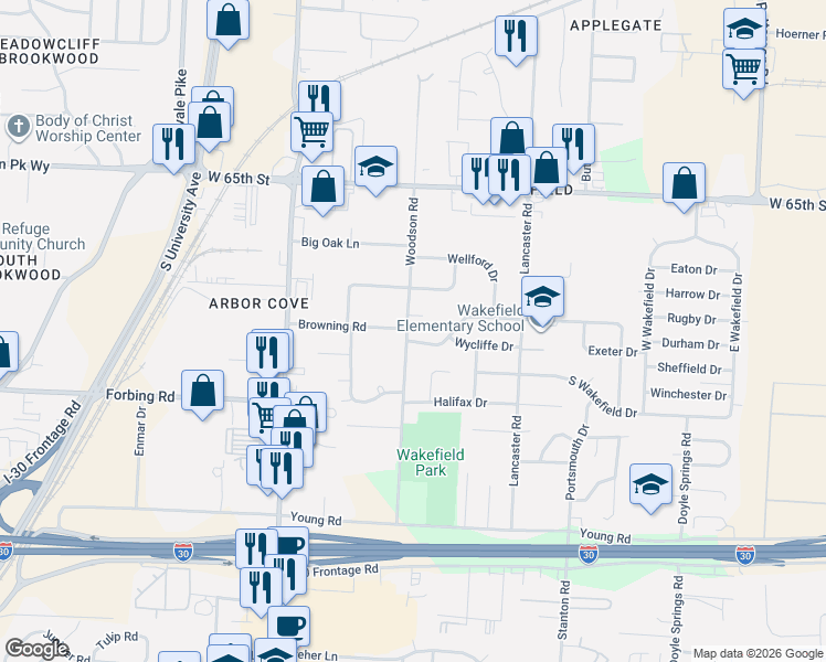 map of restaurants, bars, coffee shops, grocery stores, and more near 7001 Woodson Road in Little Rock