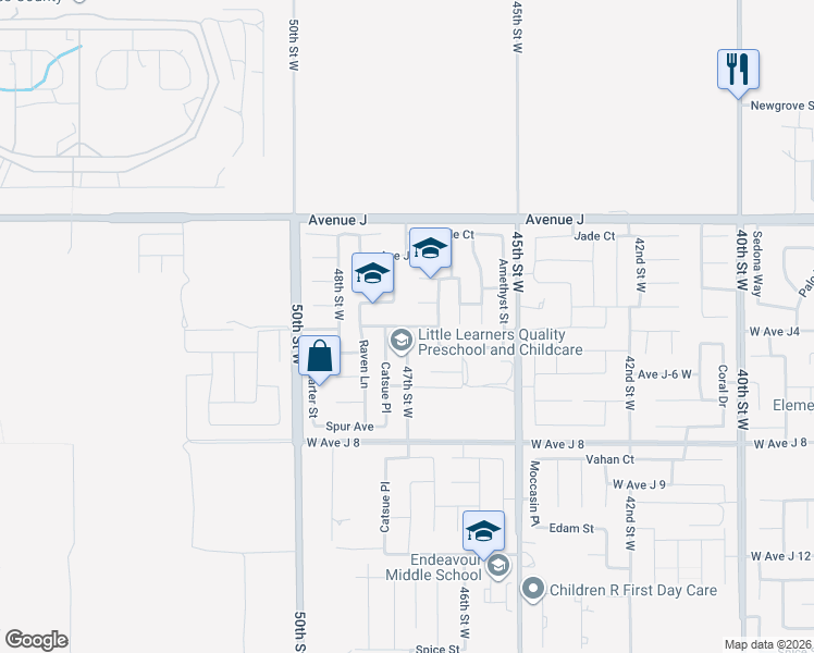 map of restaurants, bars, coffee shops, grocery stores, and more near Avenue J-4 in Lancaster