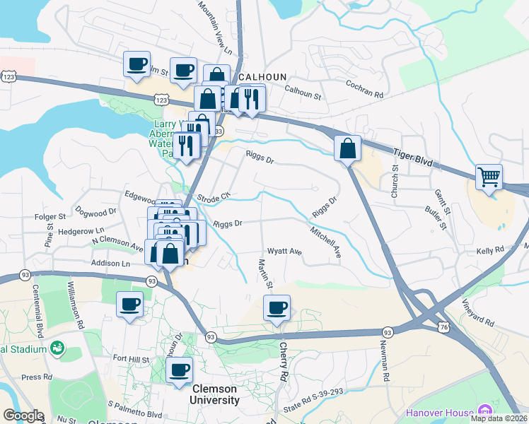 map of restaurants, bars, coffee shops, grocery stores, and more near 100 Poole Lane in Clemson