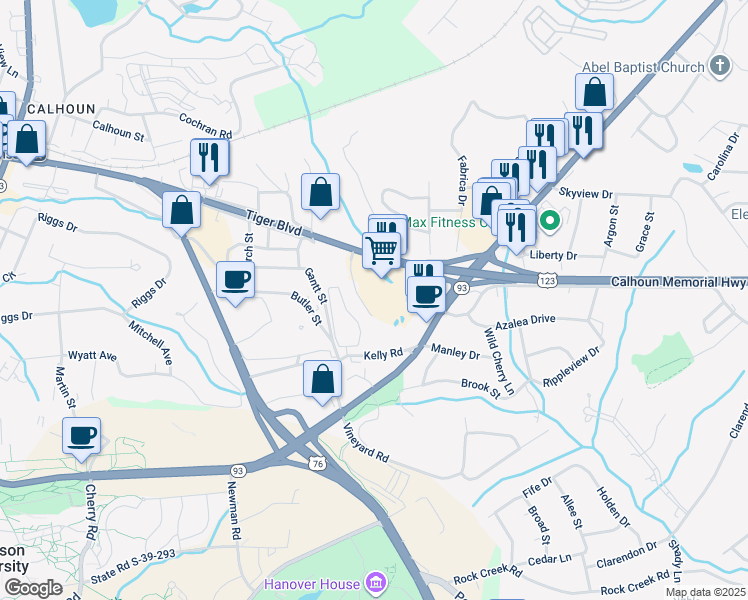 map of restaurants, bars, coffee shops, grocery stores, and more near 103 Freedom Drive in Clemson