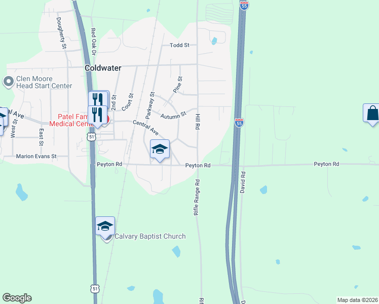 map of restaurants, bars, coffee shops, grocery stores, and more near 633 Woods Street in Coldwater