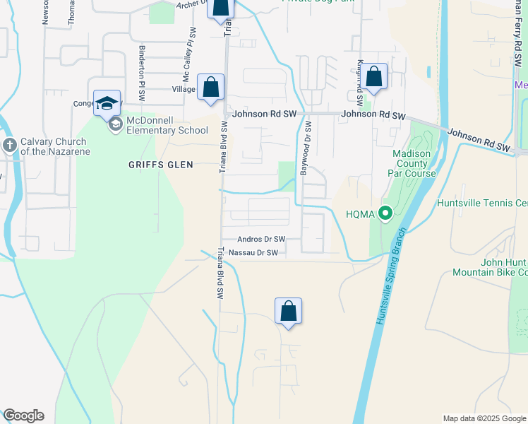 map of restaurants, bars, coffee shops, grocery stores, and more near 4509 Triana Boulevard Southwest in Huntsville