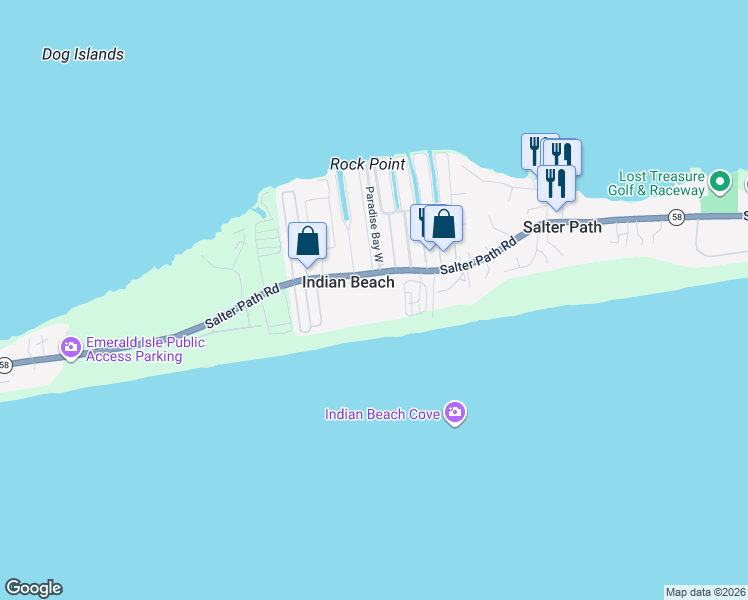 map of restaurants, bars, coffee shops, grocery stores, and more near in Indian Beach