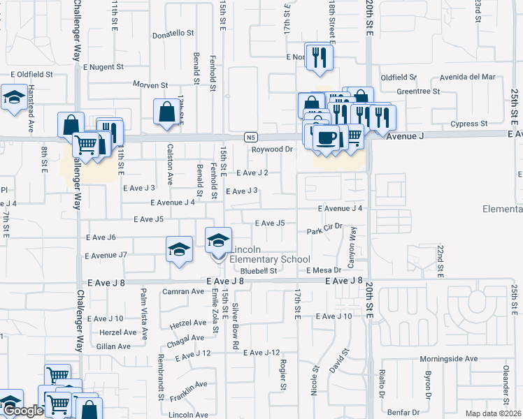 map of restaurants, bars, coffee shops, grocery stores, and more near 43610 16th Street East in Lancaster