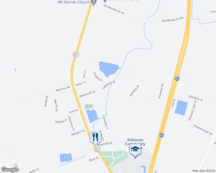 map of restaurants, bars, coffee shops, grocery stores, and more near 302 Lakeside Drive in Lumberton