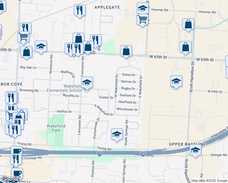 map of restaurants, bars, coffee shops, grocery stores, and more near 7004 West Wakefield Drive in Little Rock