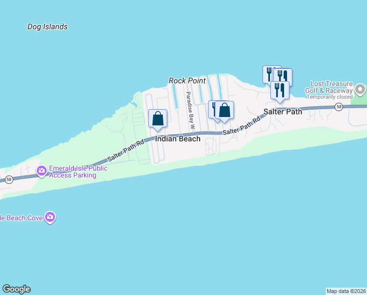 map of restaurants, bars, coffee shops, grocery stores, and more near 1505 Salter Path Rd in Emerald Isle