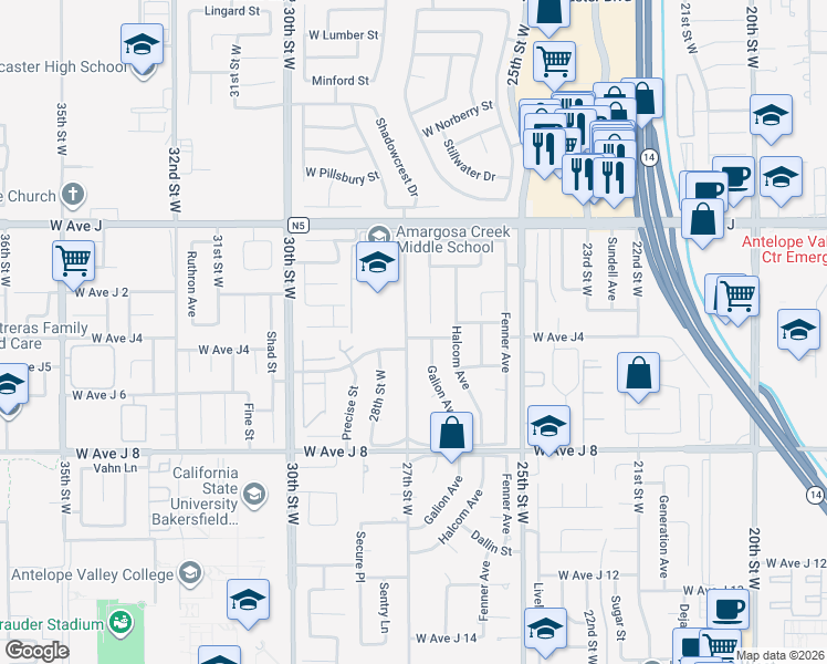 map of restaurants, bars, coffee shops, grocery stores, and more near 44204 27th Street West in Lancaster