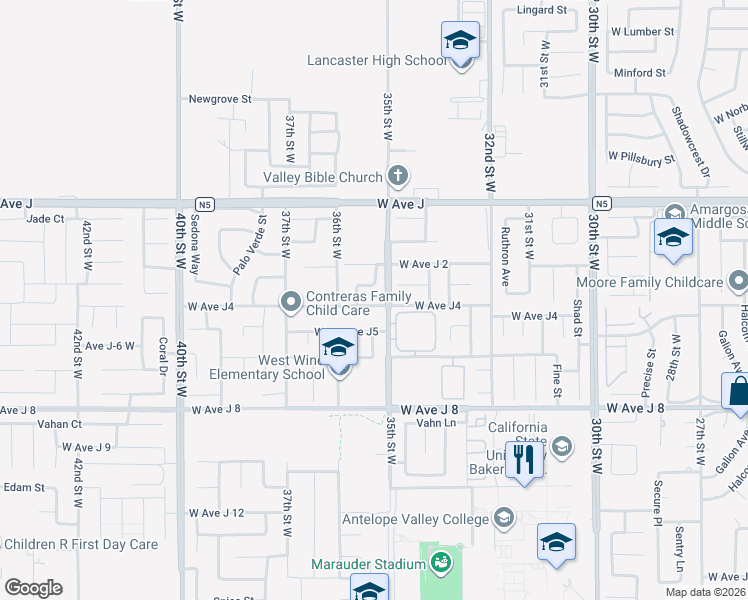 map of restaurants, bars, coffee shops, grocery stores, and more near 3365 West Avenue J4 in Lancaster