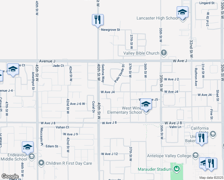 map of restaurants, bars, coffee shops, grocery stores, and more near 3803 West Avenue J4 in Lancaster
