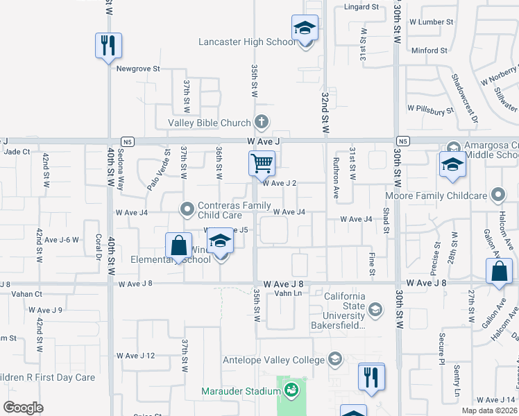 map of restaurants, bars, coffee shops, grocery stores, and more near 3365 West Avenue J4 in Lancaster