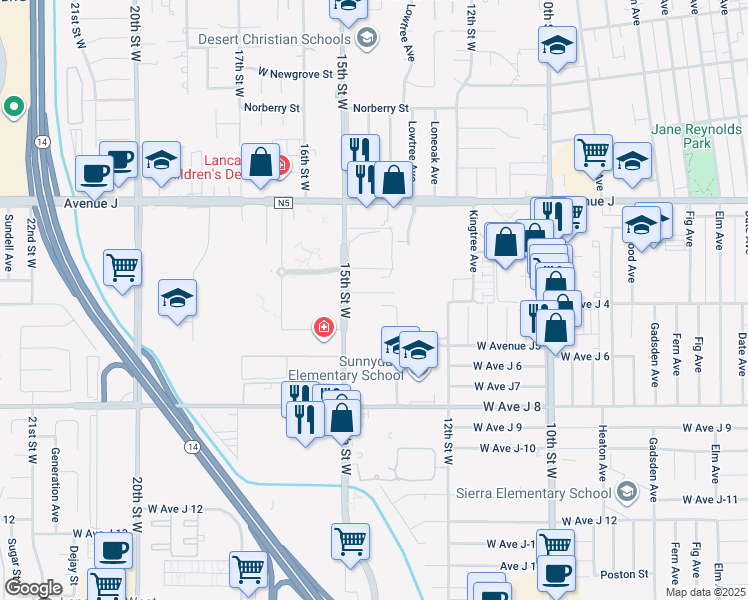 map of restaurants, bars, coffee shops, grocery stores, and more near 1354 West Avenue J4 in Lancaster