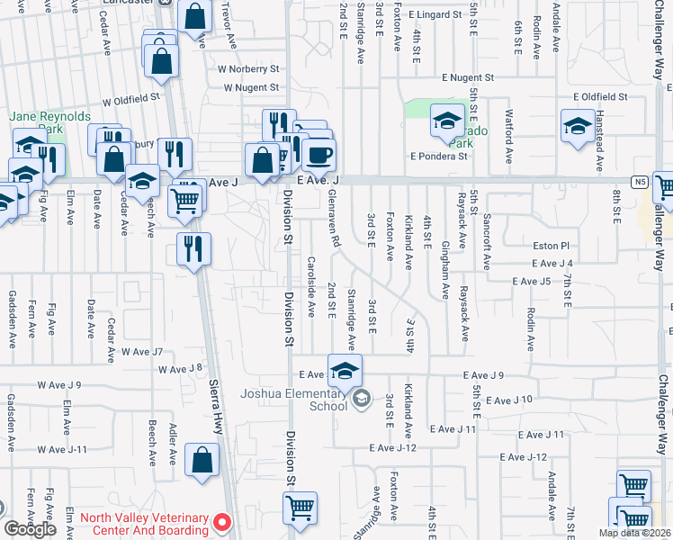 map of restaurants, bars, coffee shops, grocery stores, and more near 44220 2nd Street East in Lancaster