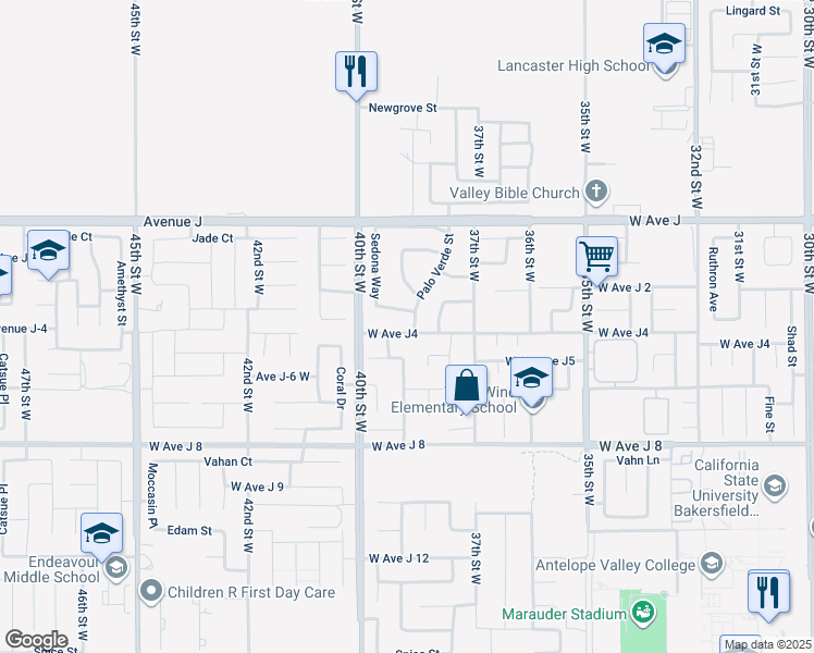 map of restaurants, bars, coffee shops, grocery stores, and more near 3803 West Avenue J4 in Lancaster