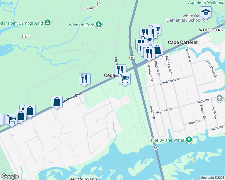 map of restaurants, bars, coffee shops, grocery stores, and more near 1160 Cedar Point Boulevard in Cedar Point