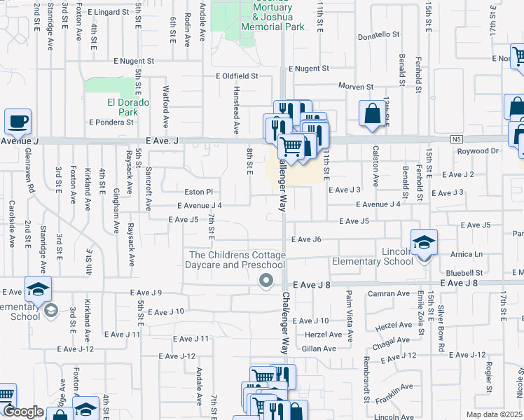 map of restaurants, bars, coffee shops, grocery stores, and more near 44201 Denmore Avenue in Lancaster