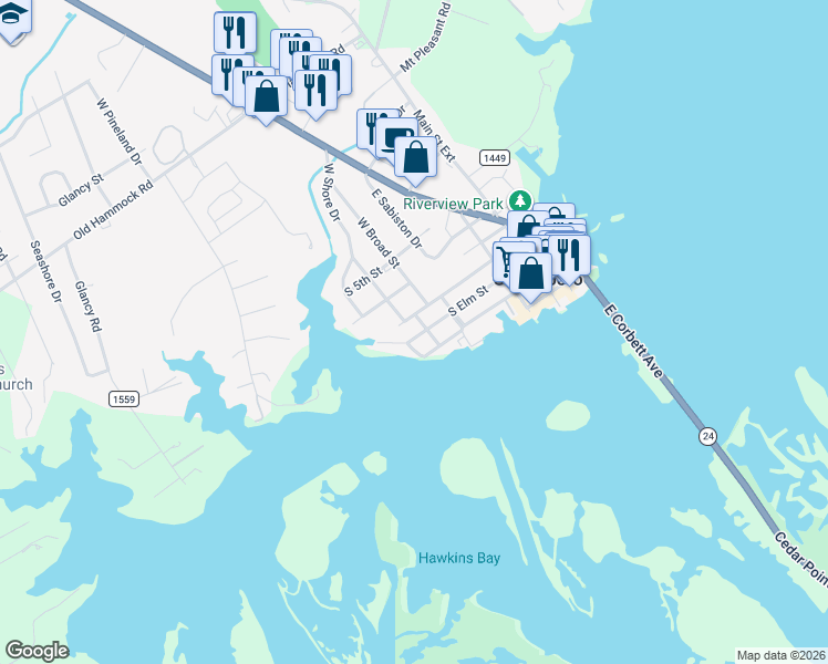 map of restaurants, bars, coffee shops, grocery stores, and more near 406 South Elm Street in Swansboro