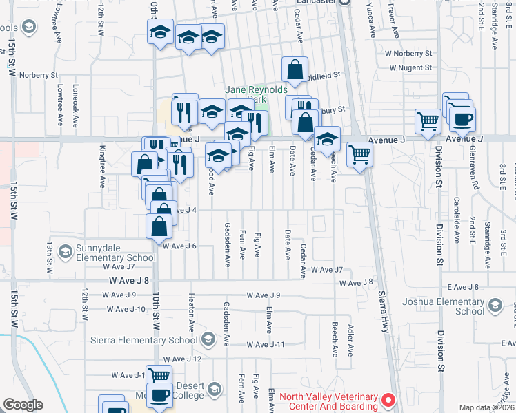 map of restaurants, bars, coffee shops, grocery stores, and more near 44202 Fig Avenue in Lancaster