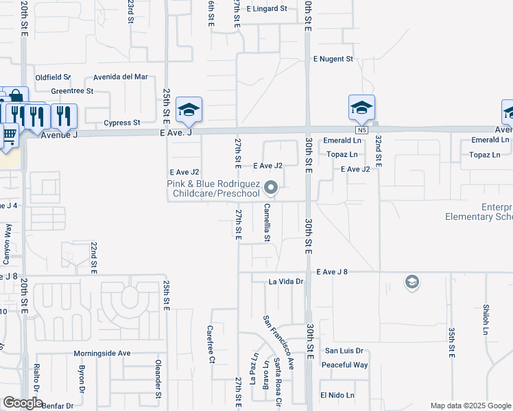 map of restaurants, bars, coffee shops, grocery stores, and more near 44160 Dahlia Street in Lancaster