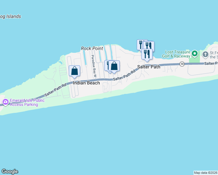 map of restaurants, bars, coffee shops, grocery stores, and more near 113 Ocean Ridge Court in Indian Beach