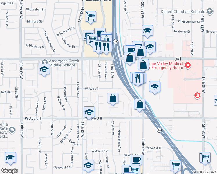 map of restaurants, bars, coffee shops, grocery stores, and more near 2215 West Avenue J4 in Lancaster