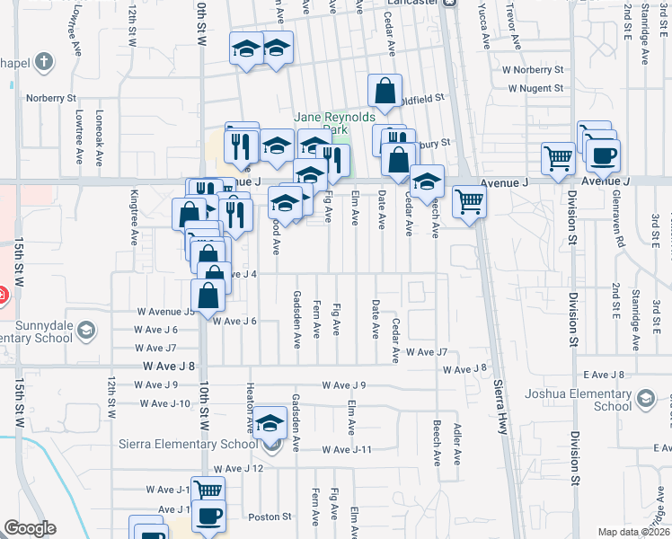 map of restaurants, bars, coffee shops, grocery stores, and more near 44202 Fig Avenue in Lancaster