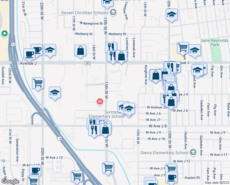 map of restaurants, bars, coffee shops, grocery stores, and more near 1306 West Avenue J-4 in Lancaster