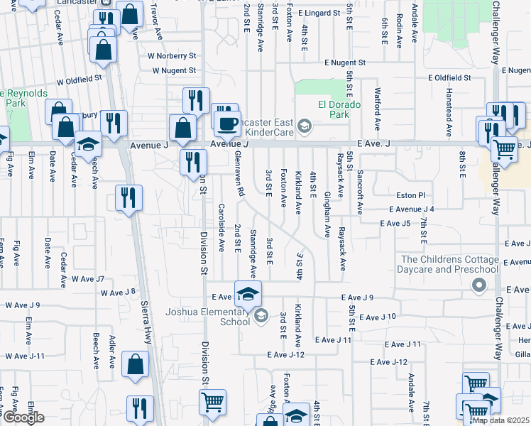 map of restaurants, bars, coffee shops, grocery stores, and more near 44214 Glenraven Road in Lancaster