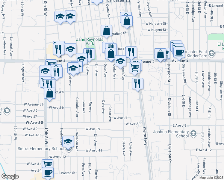 map of restaurants, bars, coffee shops, grocery stores, and more near 515 West Avenue J-4 in Lancaster