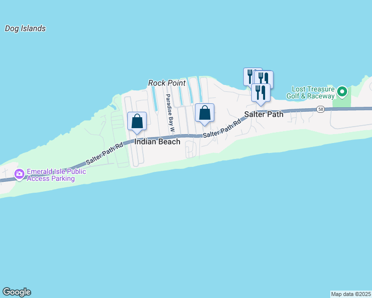 map of restaurants, bars, coffee shops, grocery stores, and more near 134 Ocean Boulevard in Indian Beach