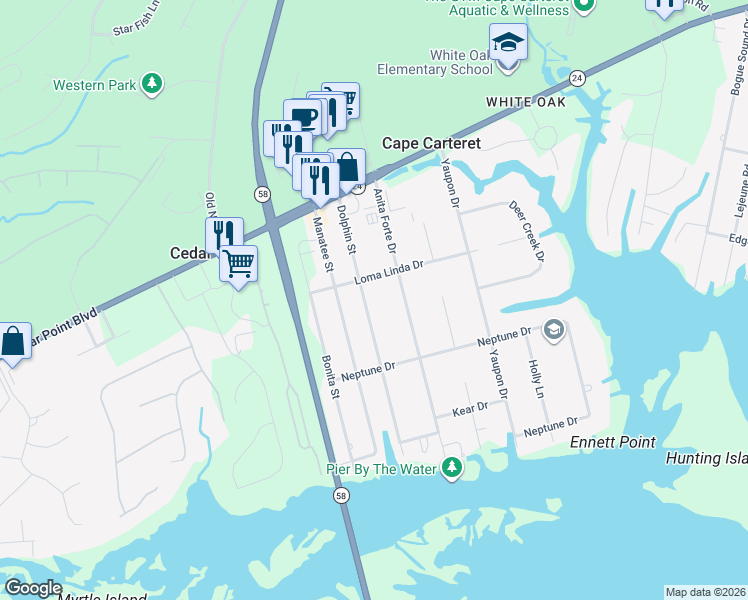 map of restaurants, bars, coffee shops, grocery stores, and more near 205 Dolphin Street in Cape Carteret