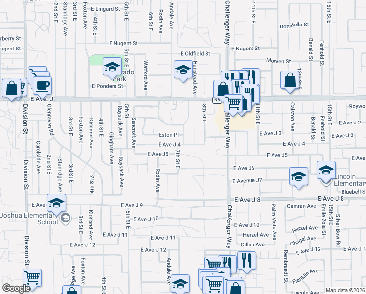 map of restaurants, bars, coffee shops, grocery stores, and more near 708 East Avenue J 4 in Lancaster