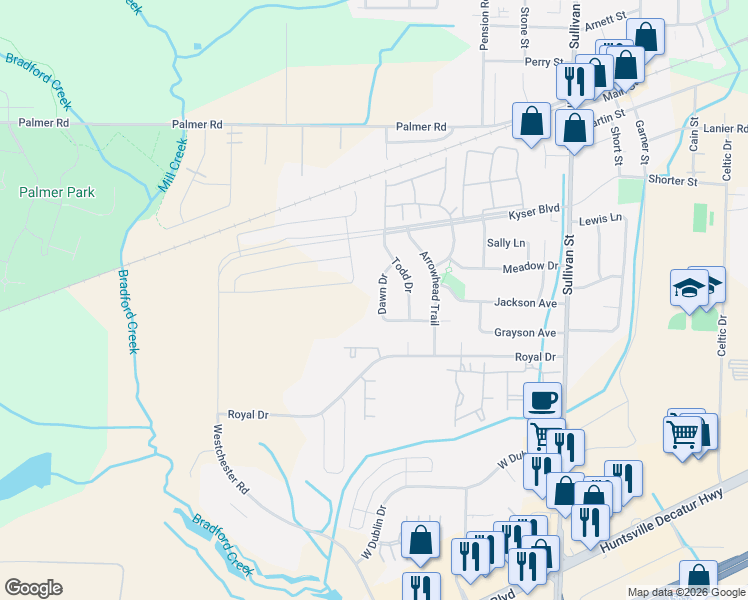 map of restaurants, bars, coffee shops, grocery stores, and more near 110 Dawn Drive in Madison