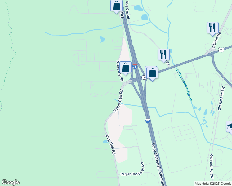 map of restaurants, bars, coffee shops, grocery stores, and more near 3202 Dug Gap Road in Dalton