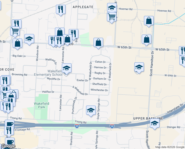 map of restaurants, bars, coffee shops, grocery stores, and more near 7004 West Wakefield Drive in Little Rock