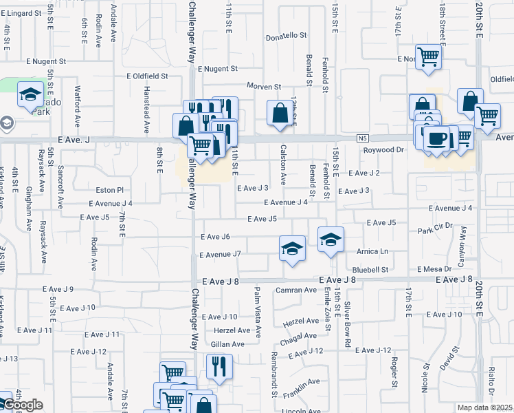 map of restaurants, bars, coffee shops, grocery stores, and more near 1138 East Avenue J 4 in Lancaster